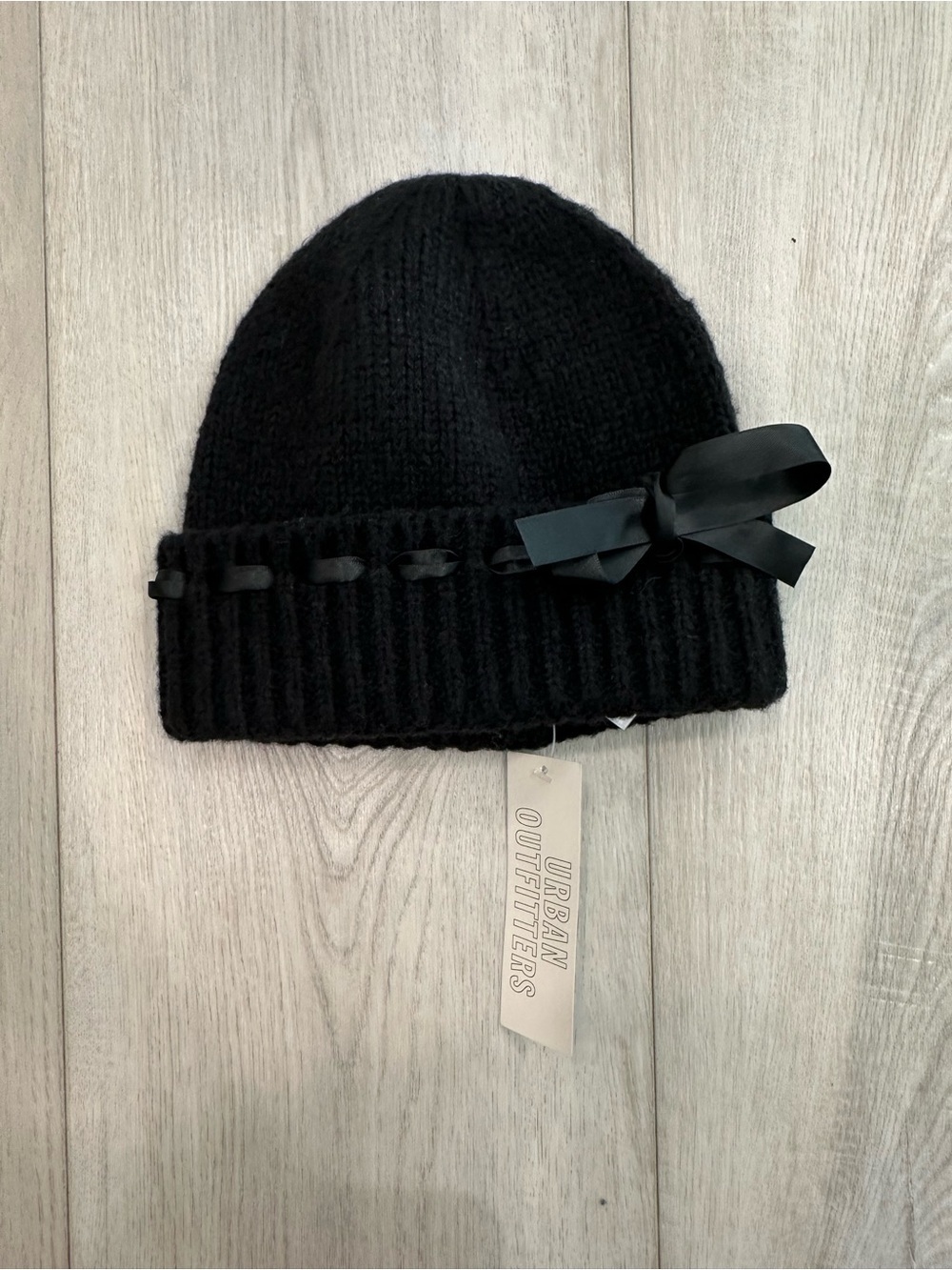 Urban Outfitters Black Knit Beanie with Ribbon Bow